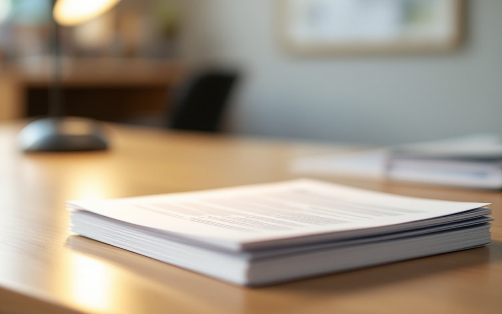 A stapled report on a desk, cover only, lamp light