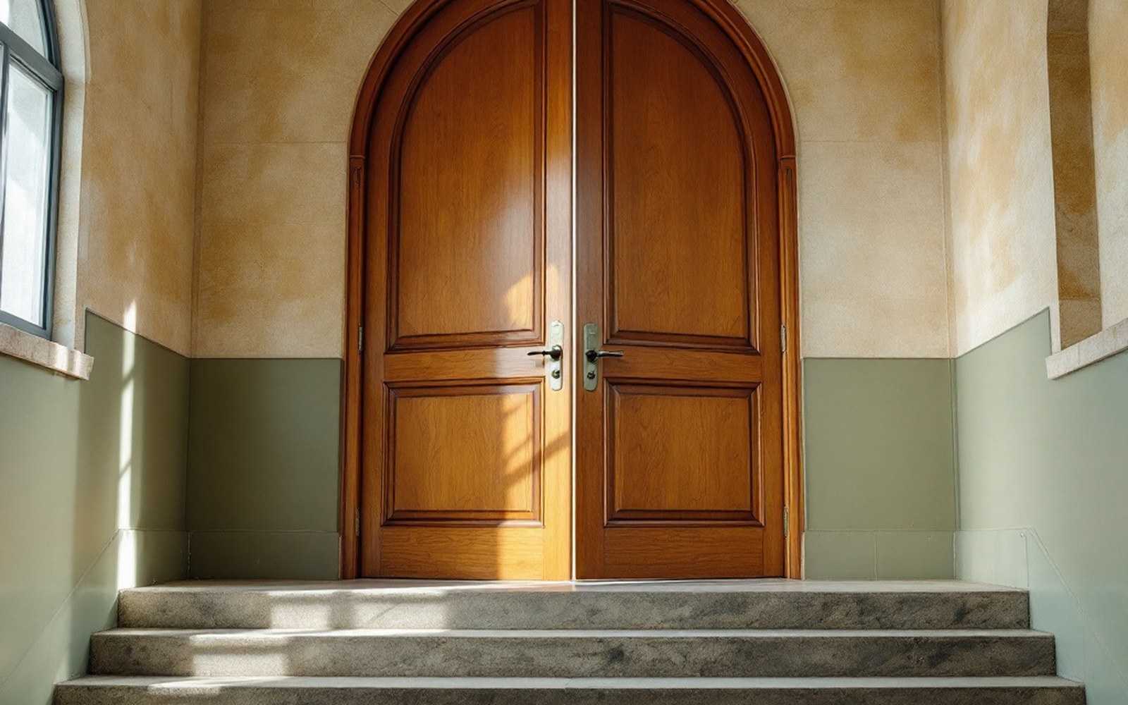 Tall arched wooden doors standing open onto daylight at the top of worn stone steps
