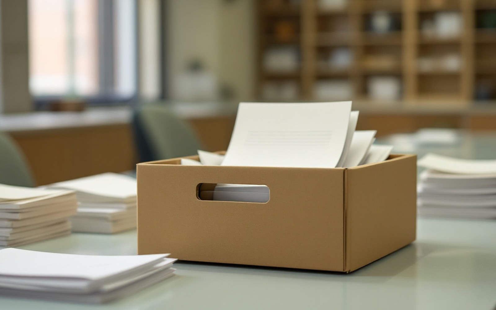 A punched-card box and printouts stacked on a table