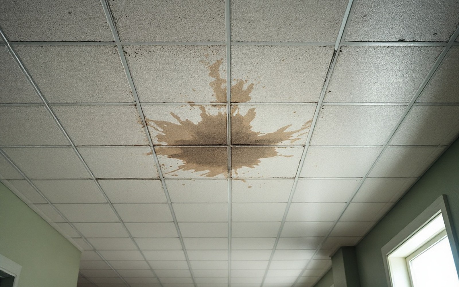 A ceiling tile grid with a water stain, shot straight up