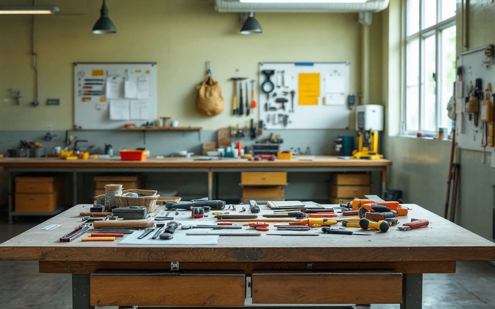 A workbench with tools laid out in a plain room