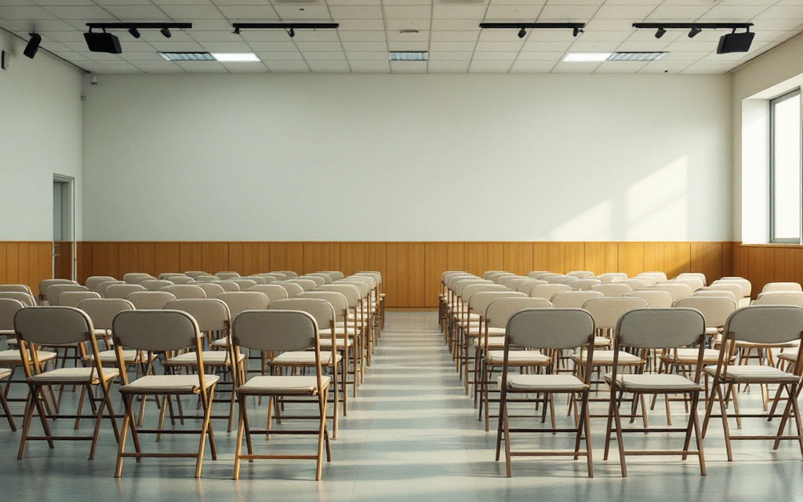 A row of empty folding chairs facing a stage