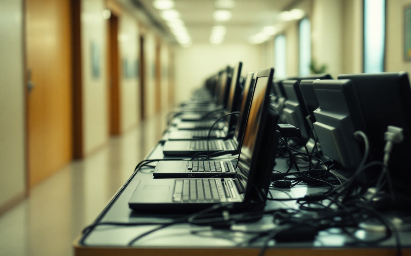 A cart of identical closed laptops on charge, close