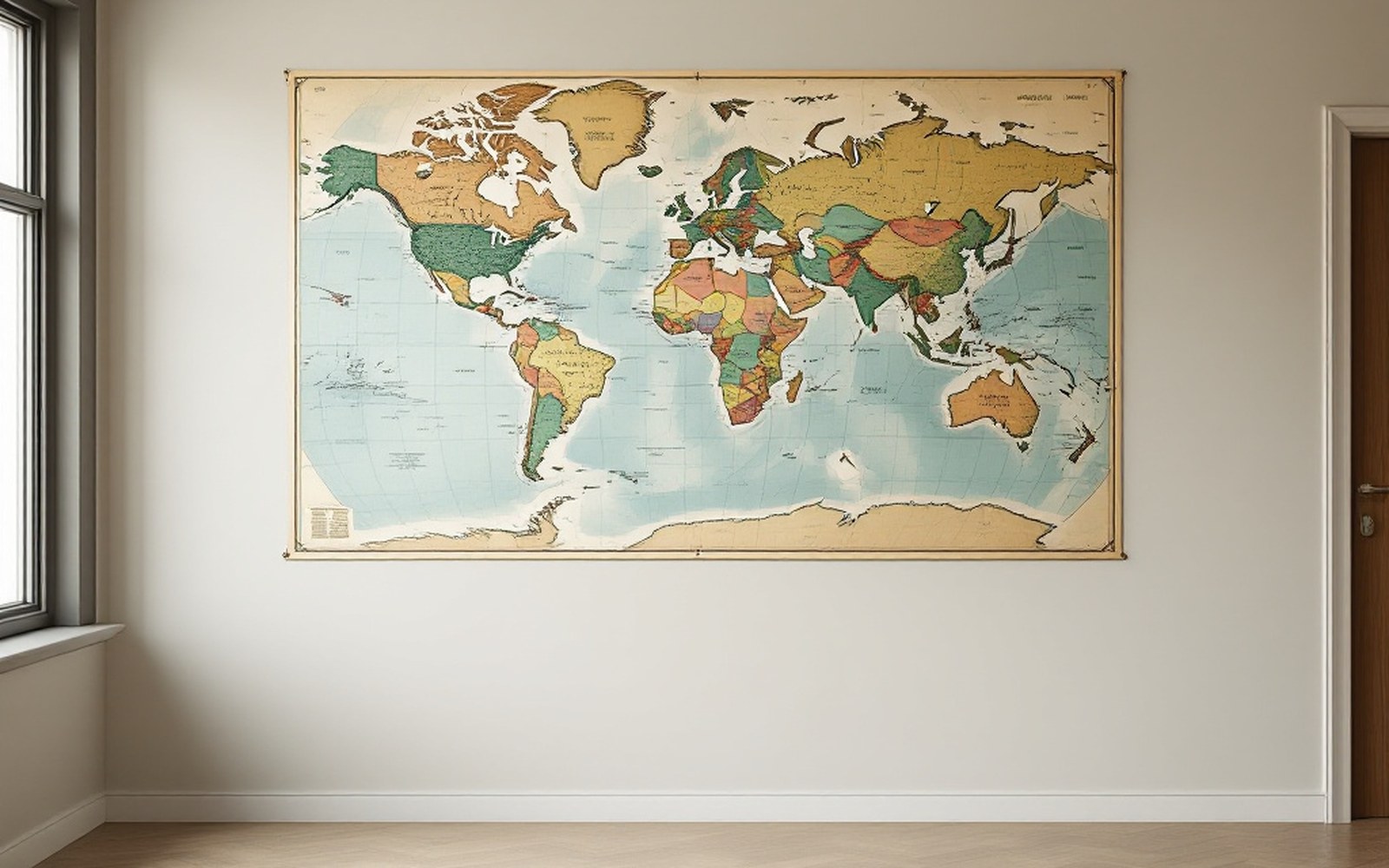 A wall map of the world, faded, in a plain room