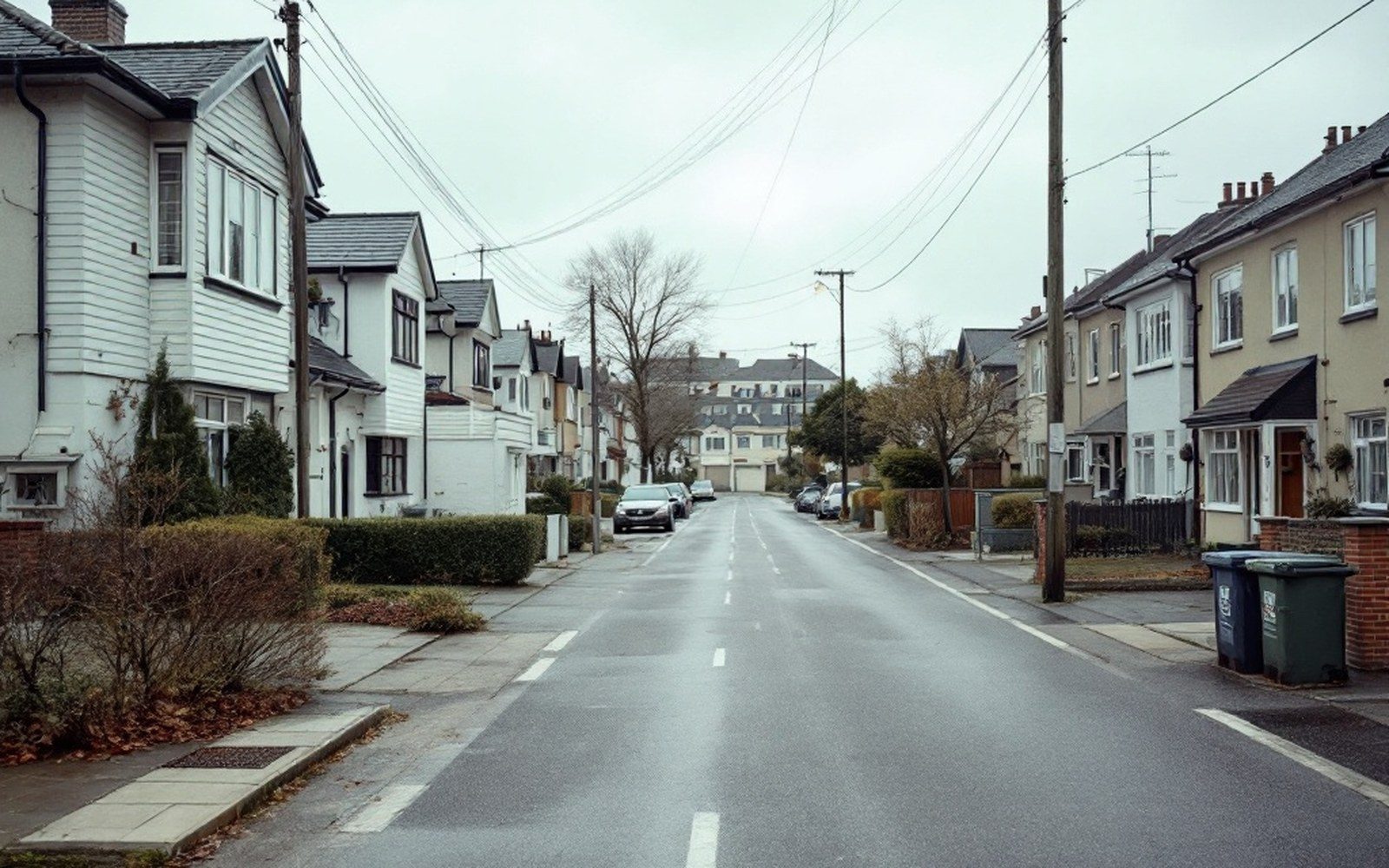 A residential street of similar houses, flat overcast light