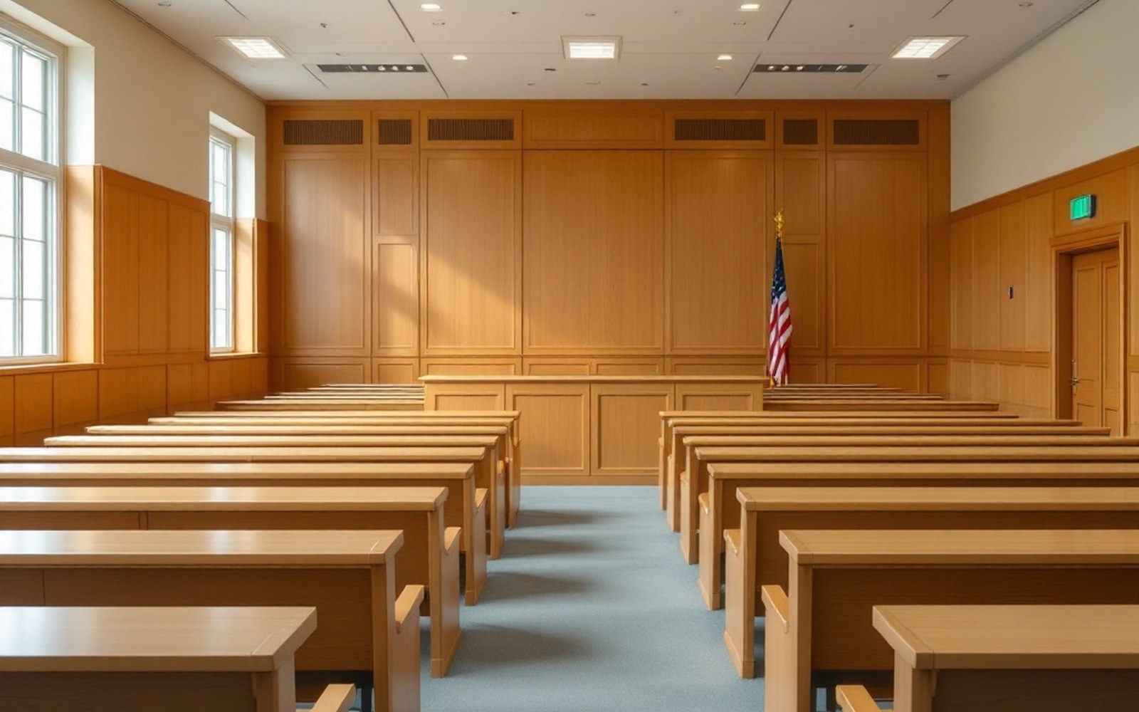 An empty wood-panelled courtroom seen from the back, benches receding, daylight from high windows