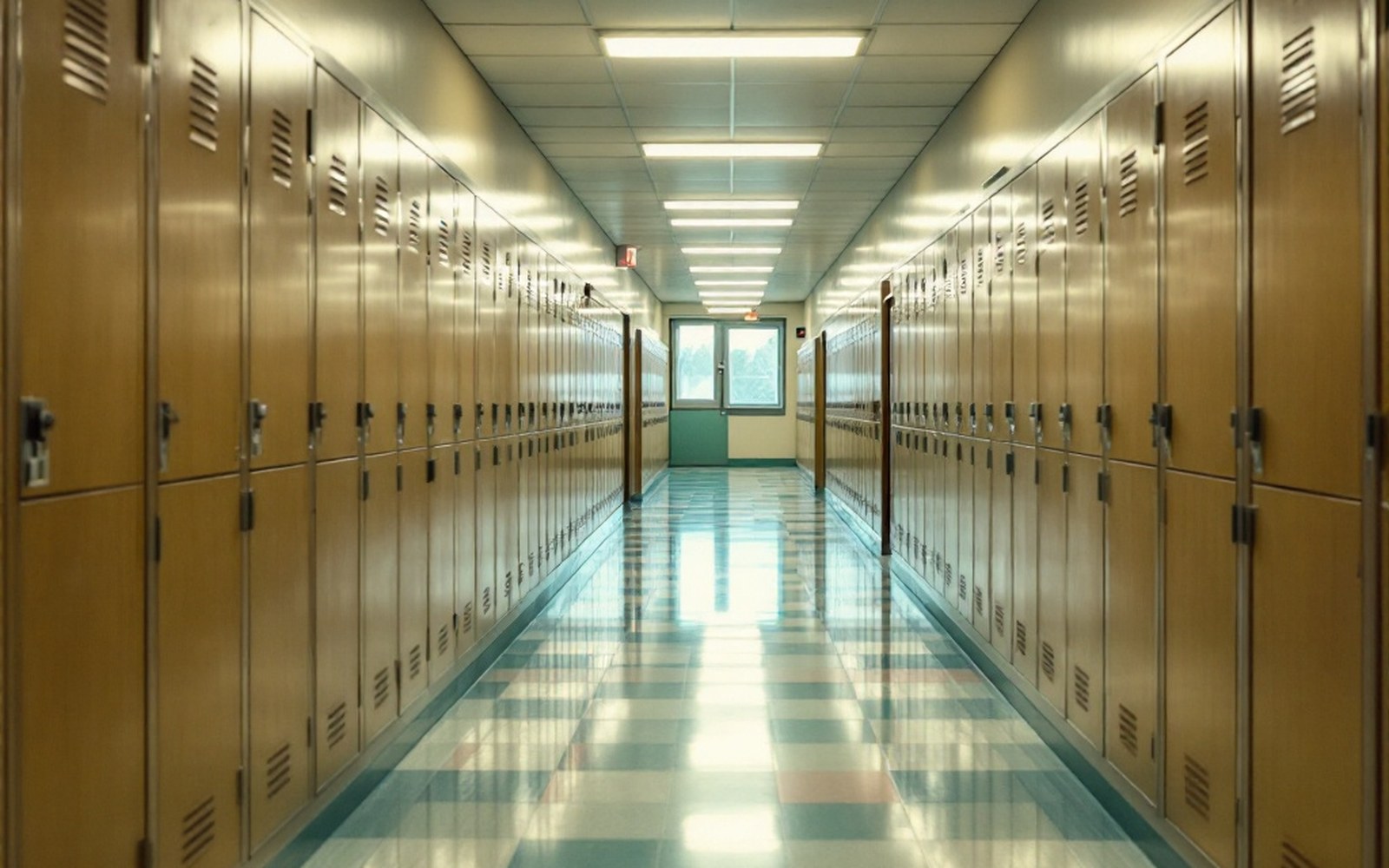A long empty corridor of lockers under fluorescent light