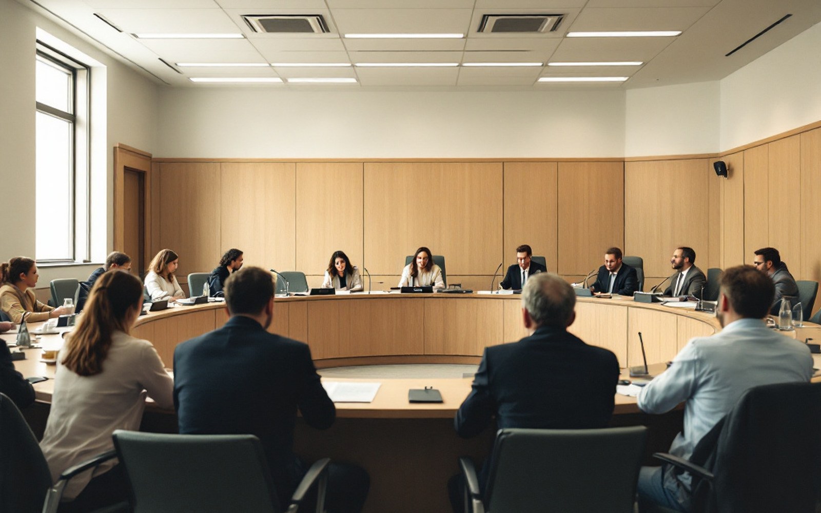 Adults seated around a semicircular committee table with microphones, seen from the public gallery at the back, flat overhead light