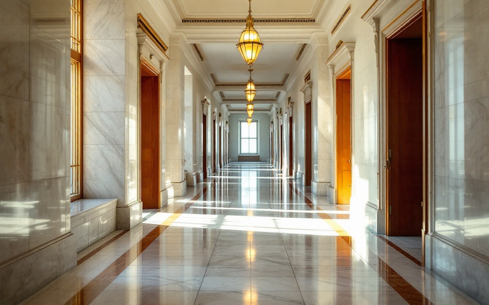 A state capitol corridor, marble, empty