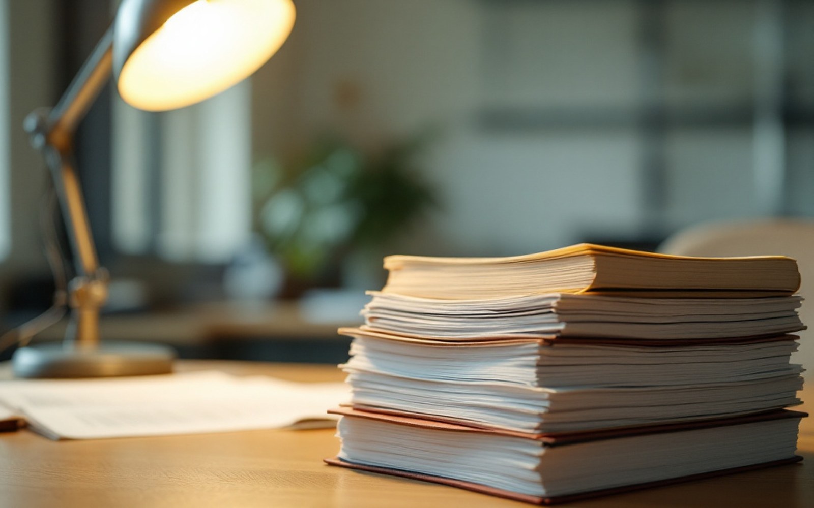 A stack of bound budget documents under a desk lamp